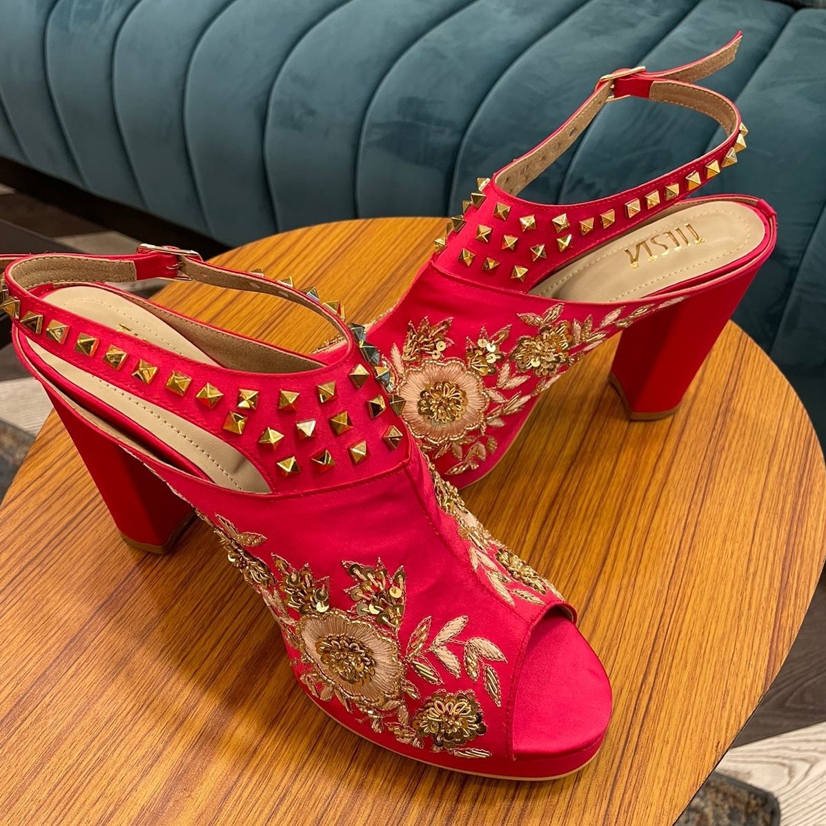 Buy Pink Embroidery Nigaar Stud Block Heels by Tiesta Online at Aza