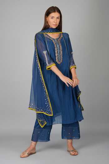 Women Lemon Viscose Chanderi Designer Embroidery Work Kurta Set With Dupatta