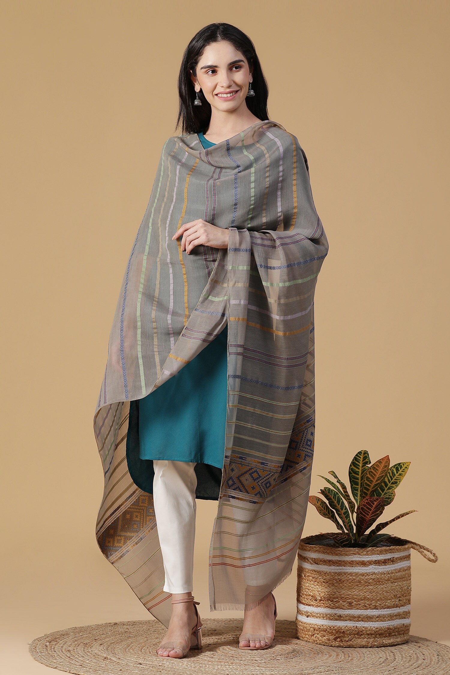 Buy Shingora Grey Striped Dupatta Online Aza Fashions