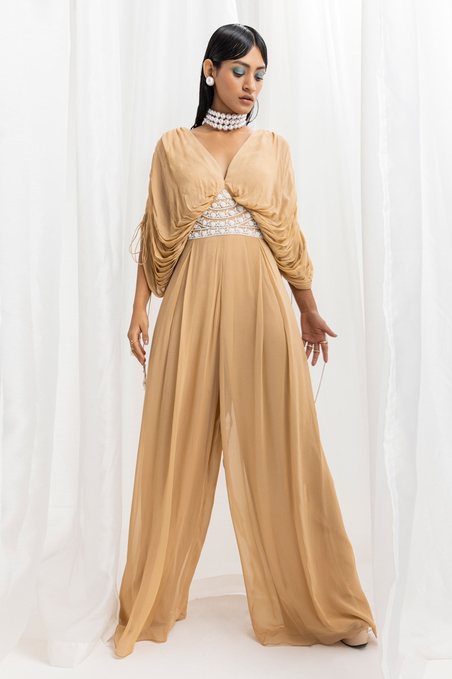 Seema Thukral - Gold Chiffon And Georgette Hand Embroidered Pearls V Neck  Cowl Sleeve Jumpsuit