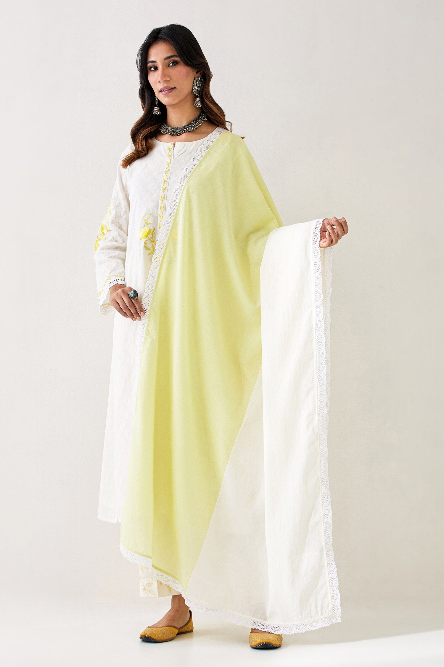 Buy Yellow Embroidered Lace Scallop Two Tone Dupatta For Women by ...