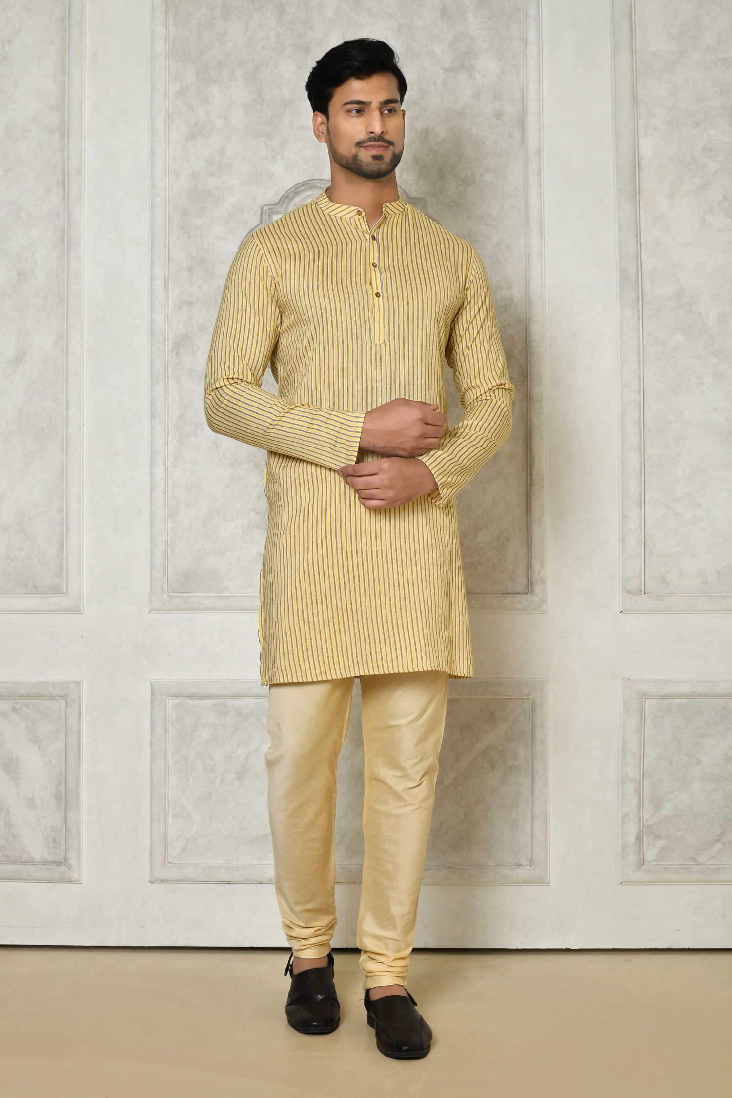 Samyukta Singhania Yellow Cotton Silk Printed Stripe Short Kurta For Men