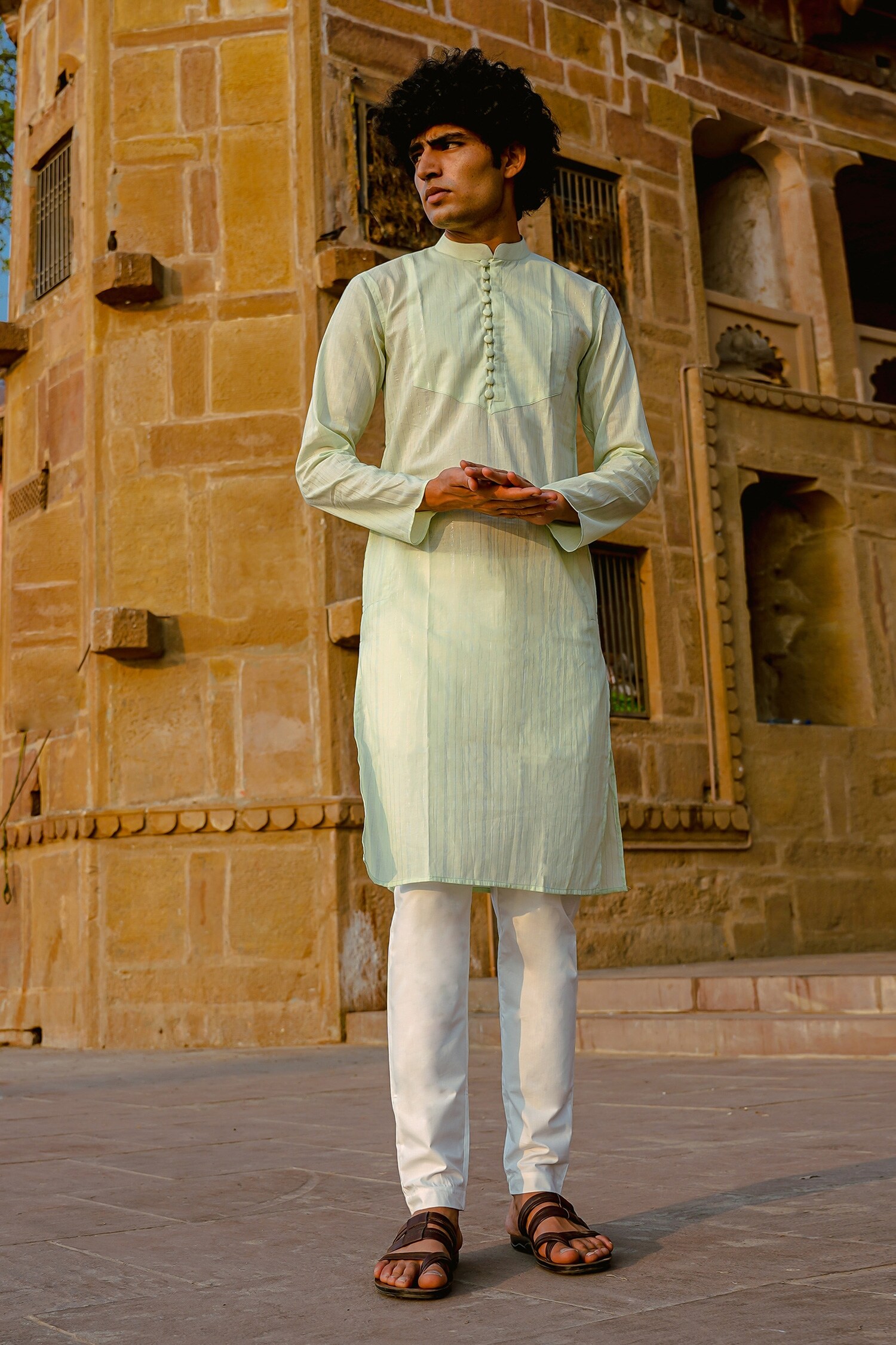 Buy Kalp Green Cotton Full Sleeve Mandarin Collar Kurta Online Aza