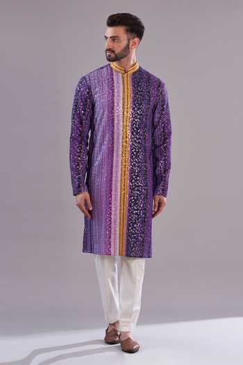 Men'S Purple Embroidered And Sequence Kurtas
