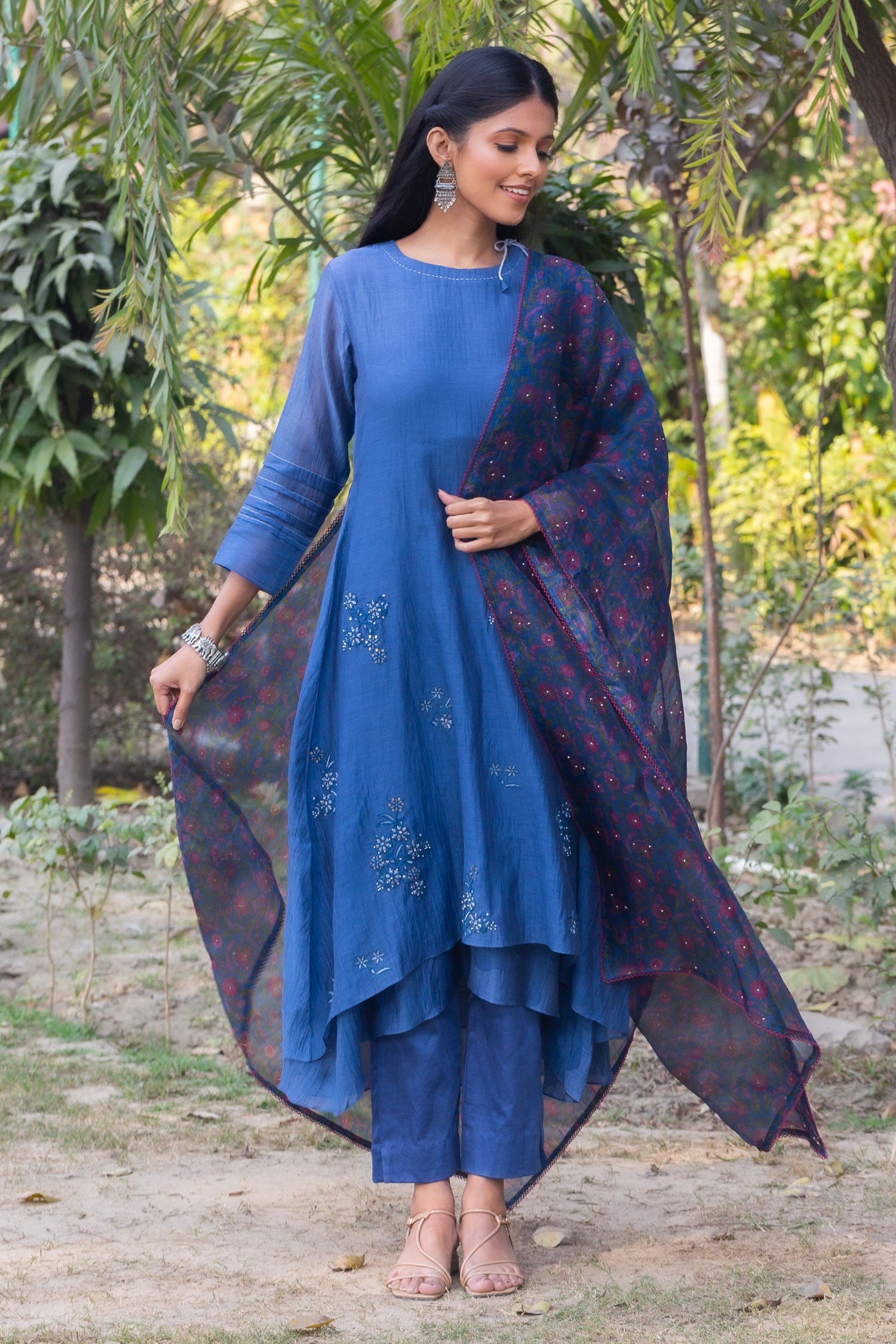 Buy Blue Chanderi Embroidered Dori Round Asymmetric Kurta Set For Women