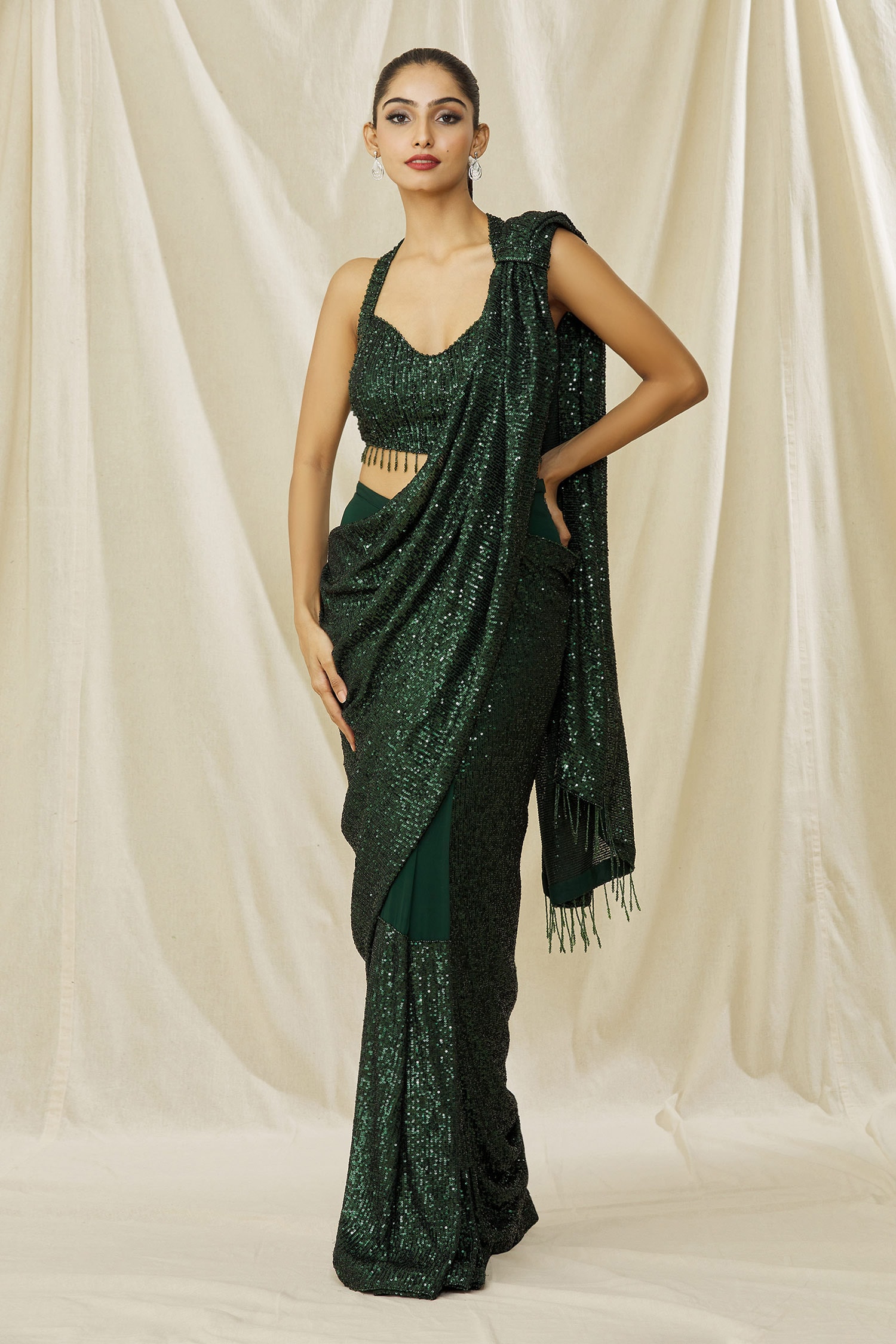 ARPAN VOHRA Emerald Green Georgette Embellished Pre Draped Saree With Blouse For Women