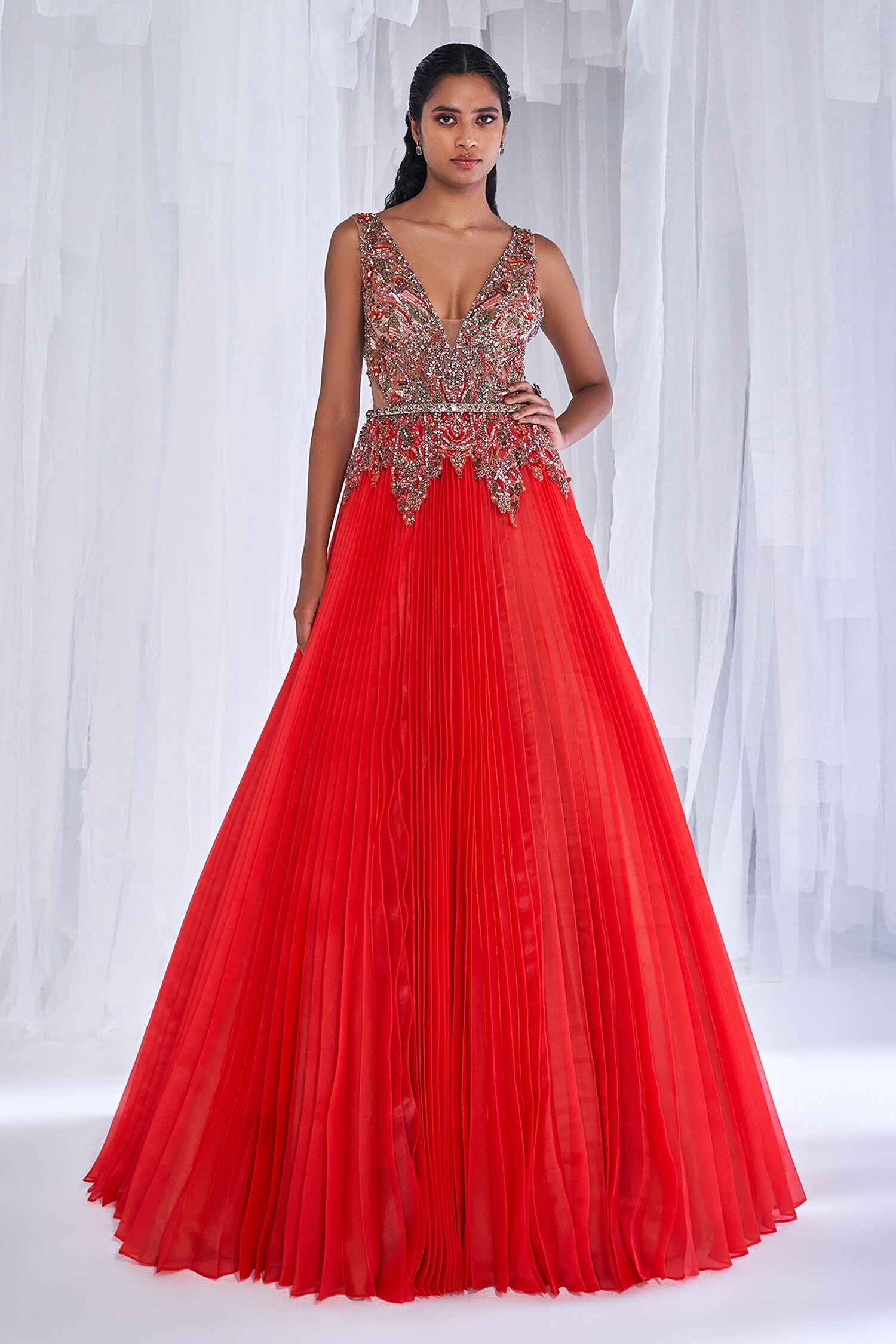 Buy Red Organza Embellished Bodice Sequin Plunge Bezoar Gown With Belt
