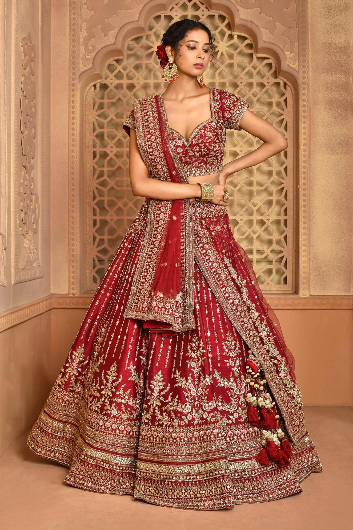 Buy Red Raw Silk Embroidered Floral Payal Floret Bridal Lehenga Set For Women By Kalighata 