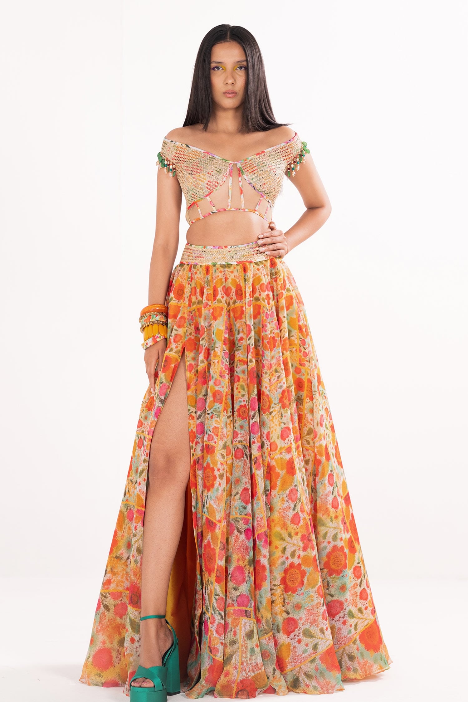 Buy Multi Color Organza Printed Floral Impression Skirt And Off Blouse