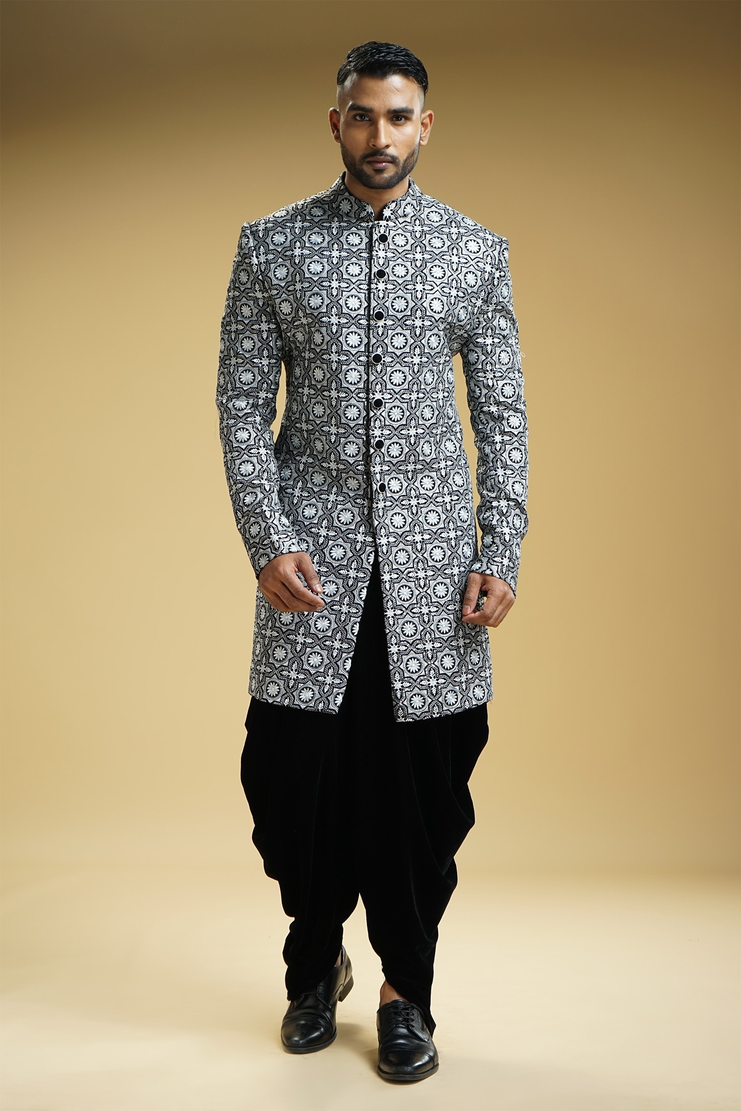 Buy Black Achkan With Pants In Silk Geogette by Designer ARJAN DUGAL Online  at Ogaancom