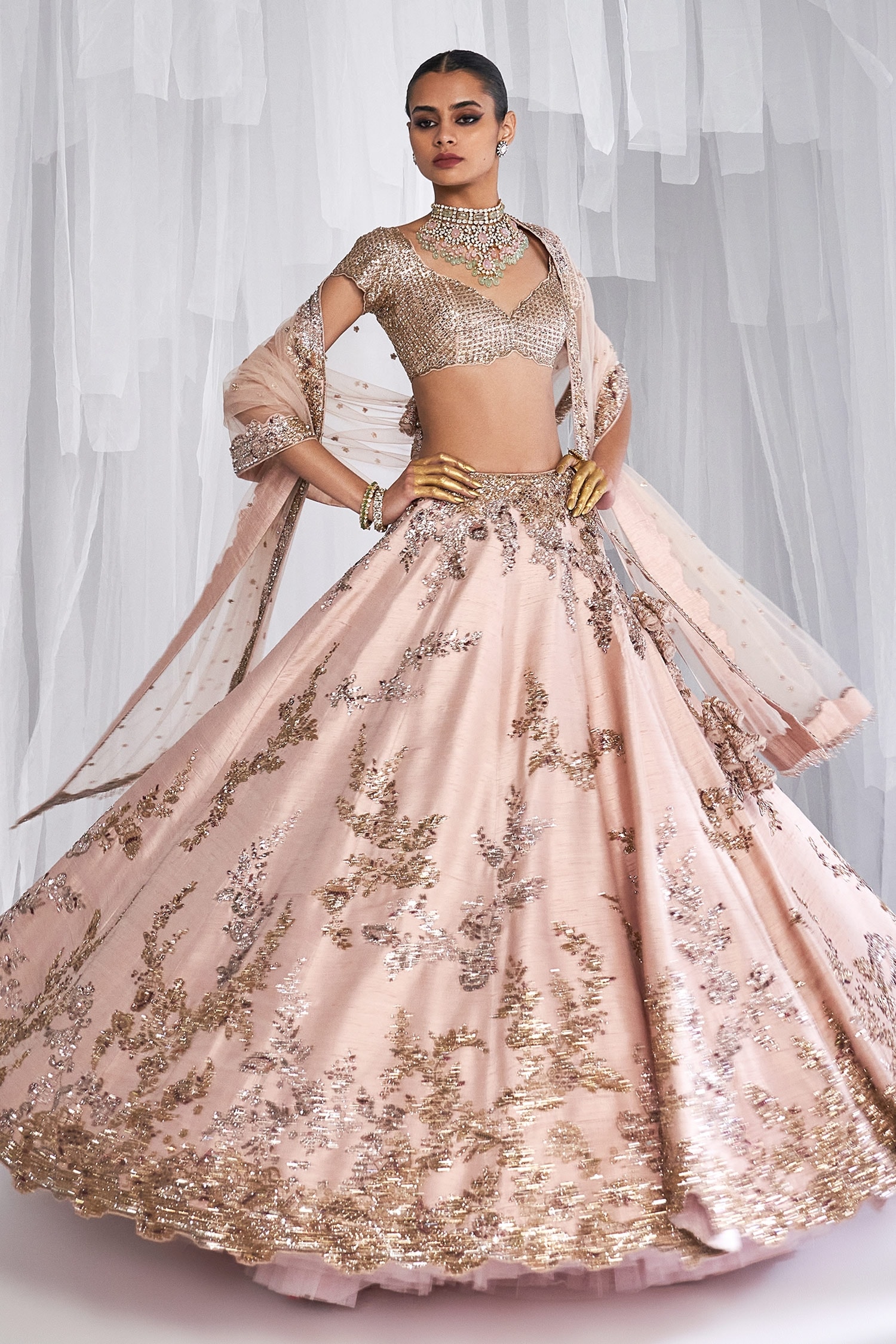 Buy Peach Raw Silk Embroidery Kamdani Posey Bridal Work Lehenga Set For ...