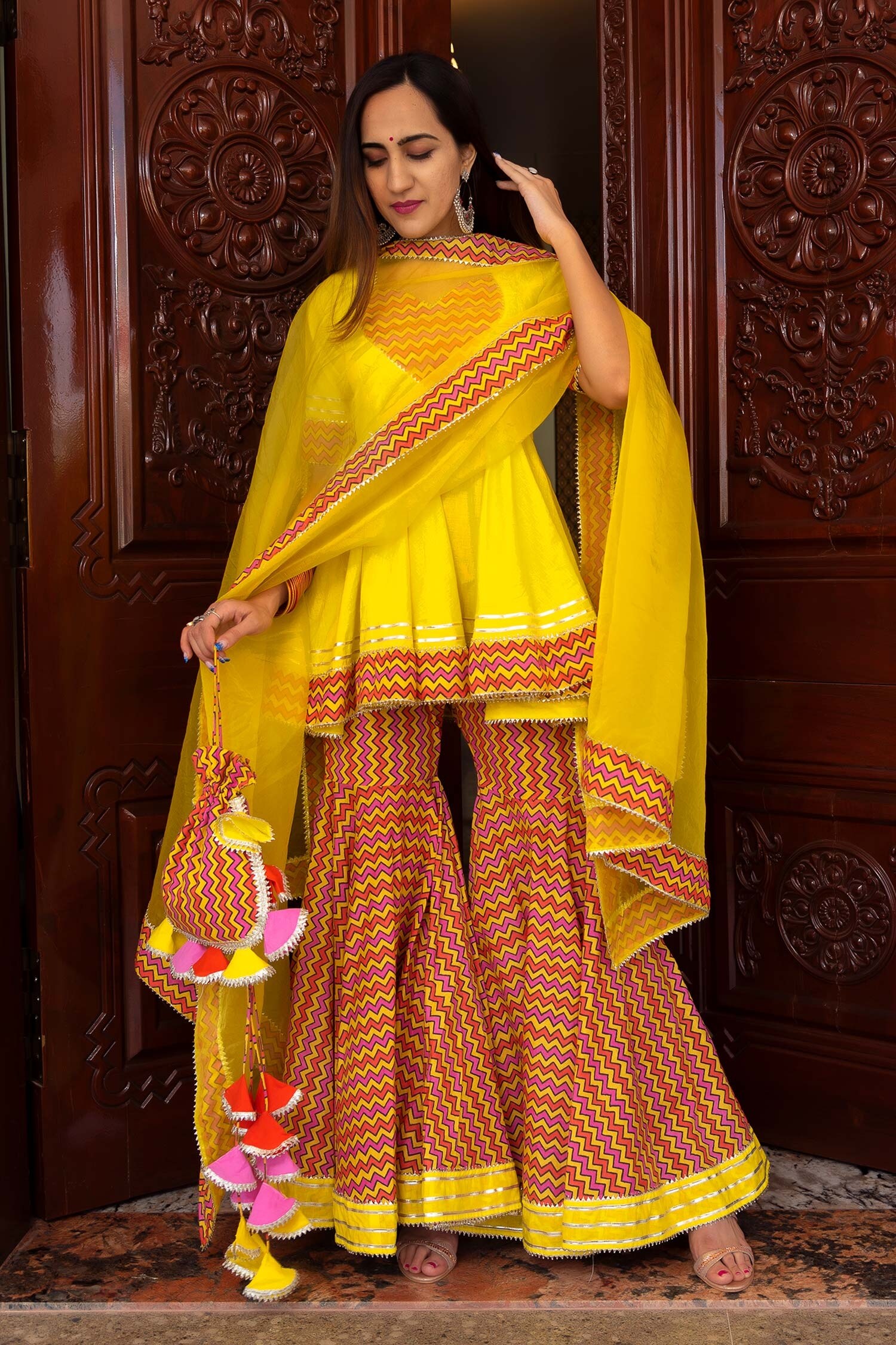 Buy Yellow Kurta And Sharara Cotton Printed Chevron Sweetheart Neck
