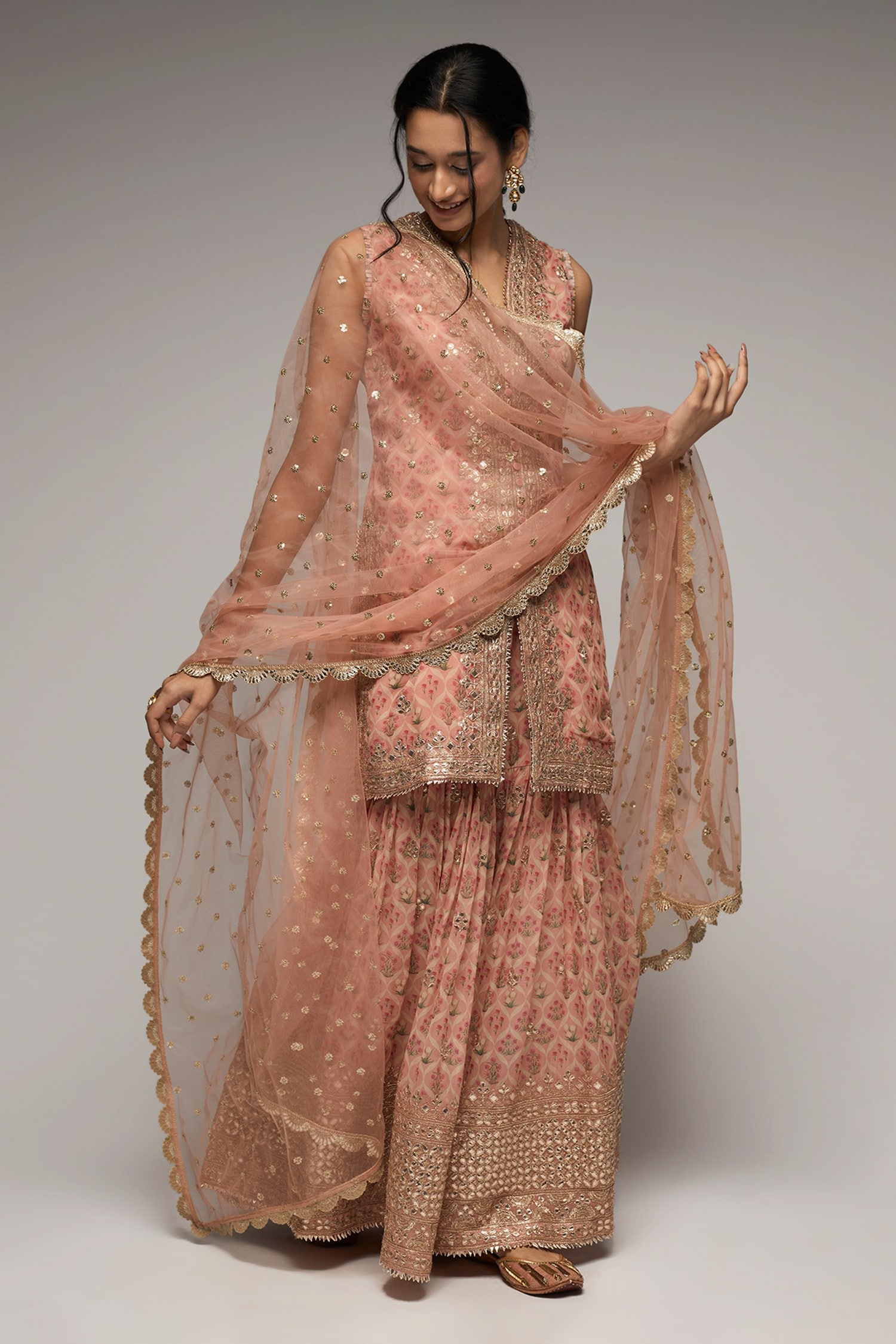 Gopi Vaid Pink Kurta And Sharara- Georgette Printed Floral V Neck Nusrat Set For Women