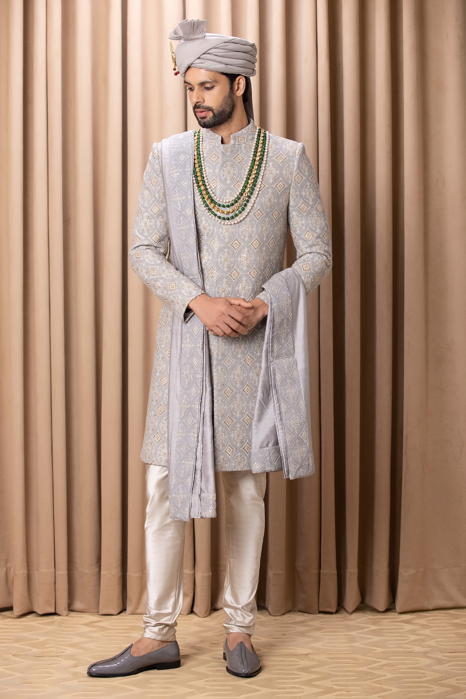 Ankit V Kapoor Grey Cotton Embroidery Thread Shah Sherwani Set With Stole For Men