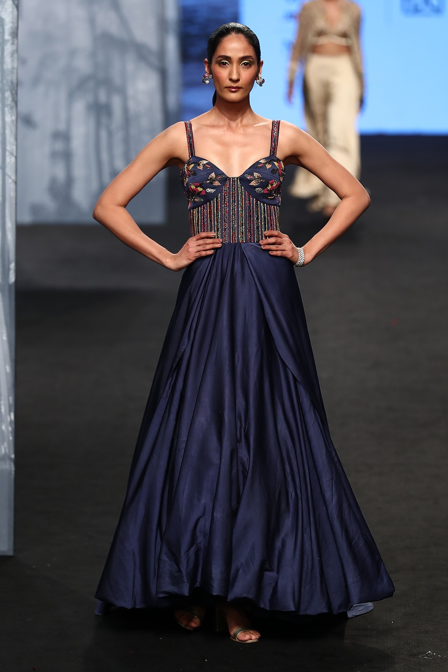 Buy Sejal Kamdar Blue Gajji Silk Embellished Yoke Draped Gown Online ...