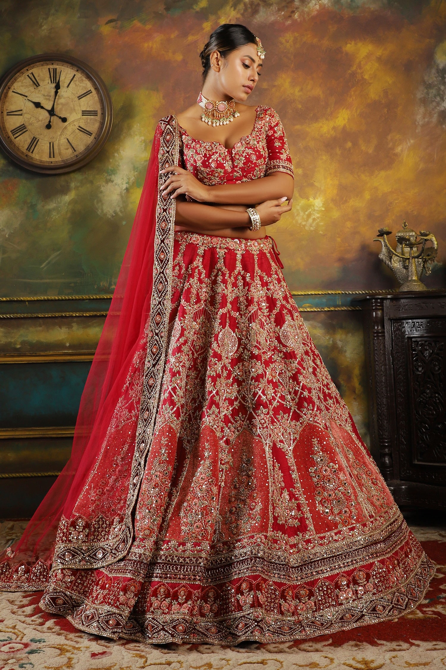 Buy Red Raw Silk Embroidered Resham Plunge Shaan Zardozi Lehenga Set For Women By Pallavi Poddar 