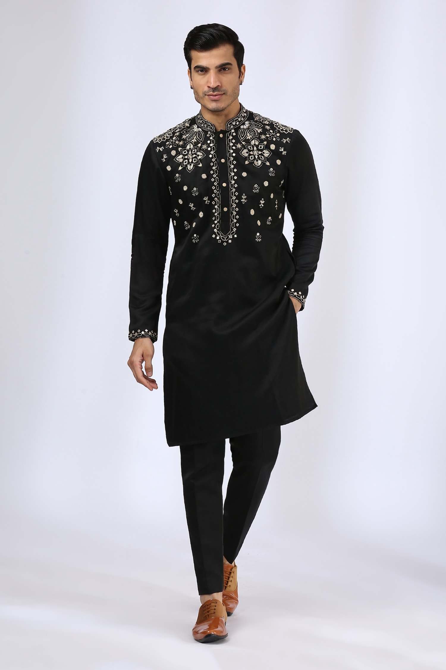 Buy Neha Gursahani Black Satin Linen Embroidered Kurta Set Online Aza Fashions