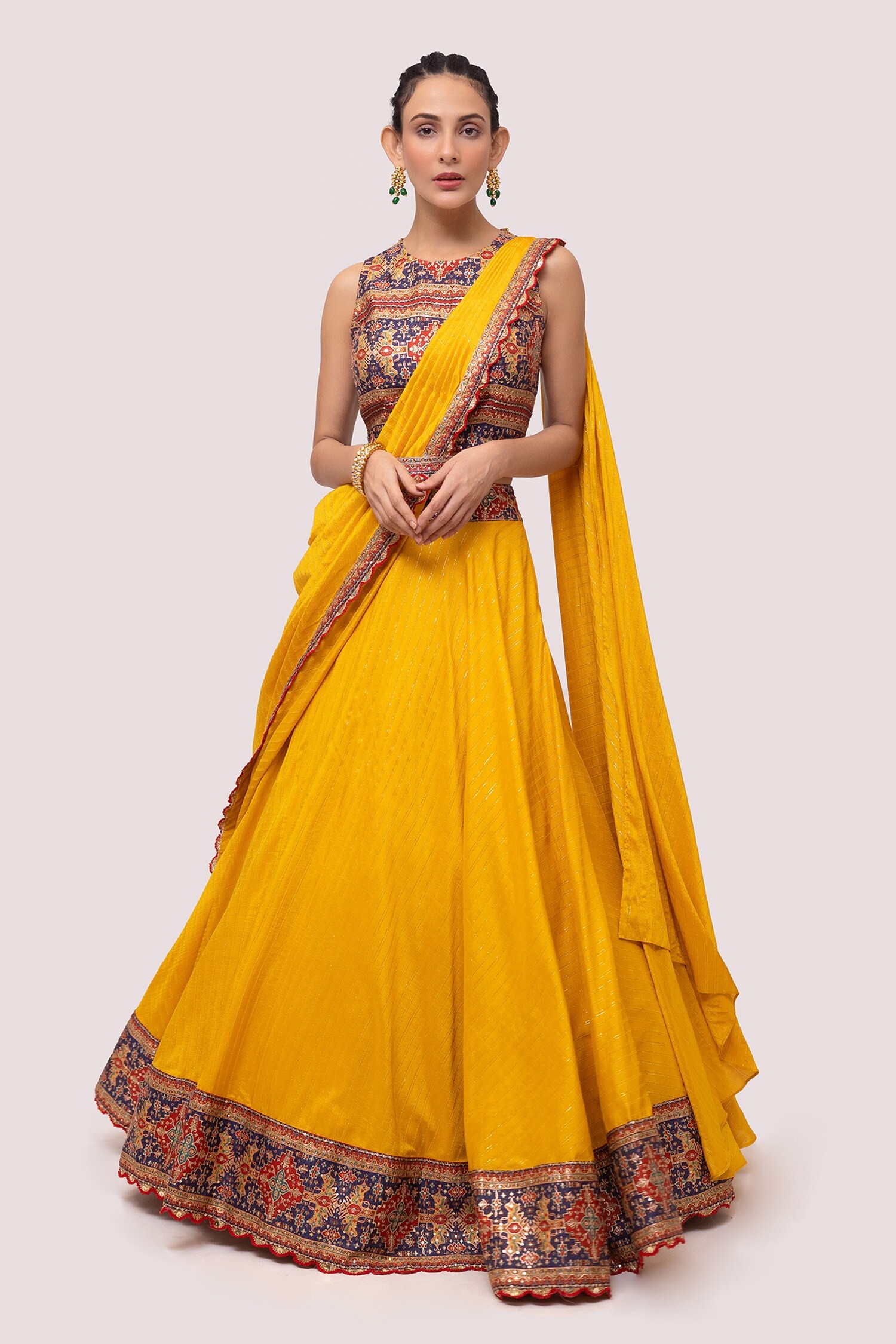 Buy Onaya Yellow Russian Fabric Kasab Embroidered Blouse And Lehenga ...