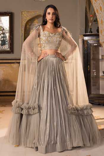 Made to Measure Black Georgette Mukaish Work Lehenga Set with Frilled Blouse & Dupatta main image 1
