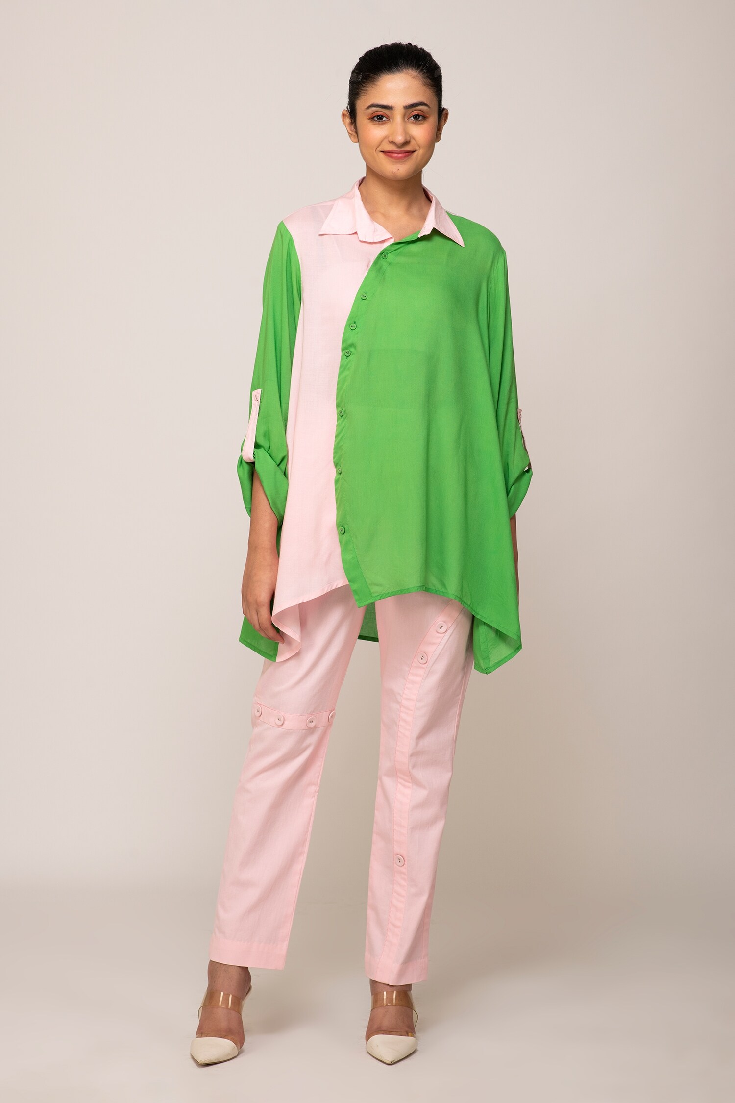 buy-green-cotton-modal-collared-neck-nargis-color-block-shirt-for-women