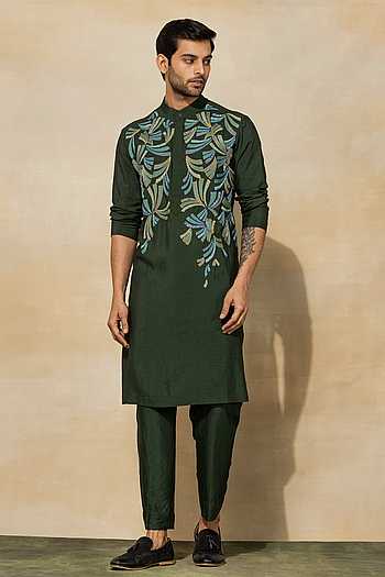 Men’s Olive Green Embroidered Thread Work Kurta – Mandarin Collar, Pure Cotton