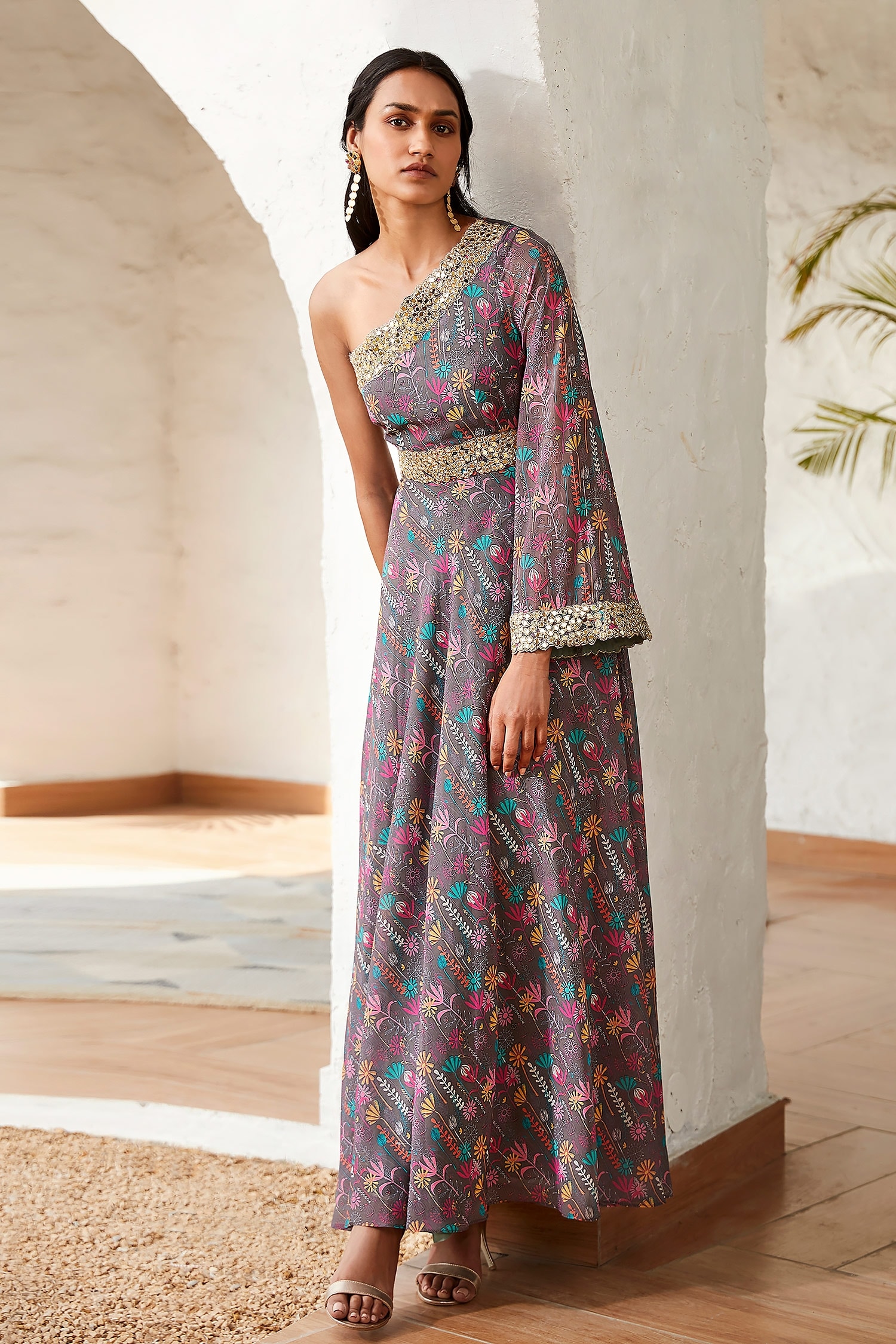 Buy Grey Georgette Print Floral Bloom Asymmetric Neck Jumpsuit For Women by  Basanti - Kapde Aur Koffee Online at Aza Fashions.