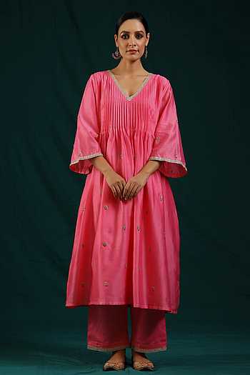 Pink Color Chanderi Hand Embroidered 2-Taar Chikankari Kurta & Dupatta Set | Paridhan Chikan