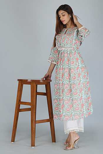 side panel a-line button down kurta - onyx glitter & green daylily