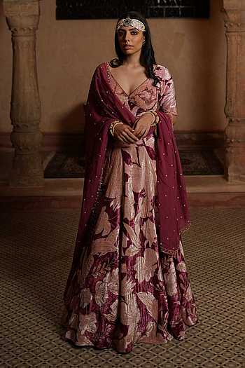 DEEP MAROON - RUST RED & BEIGE HANDBLOCK LEHENGA SET
