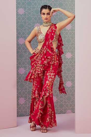 Buy Red Georgette Printed Jhumkas V Neck Ruffled Pant Saree With Blouse ...
