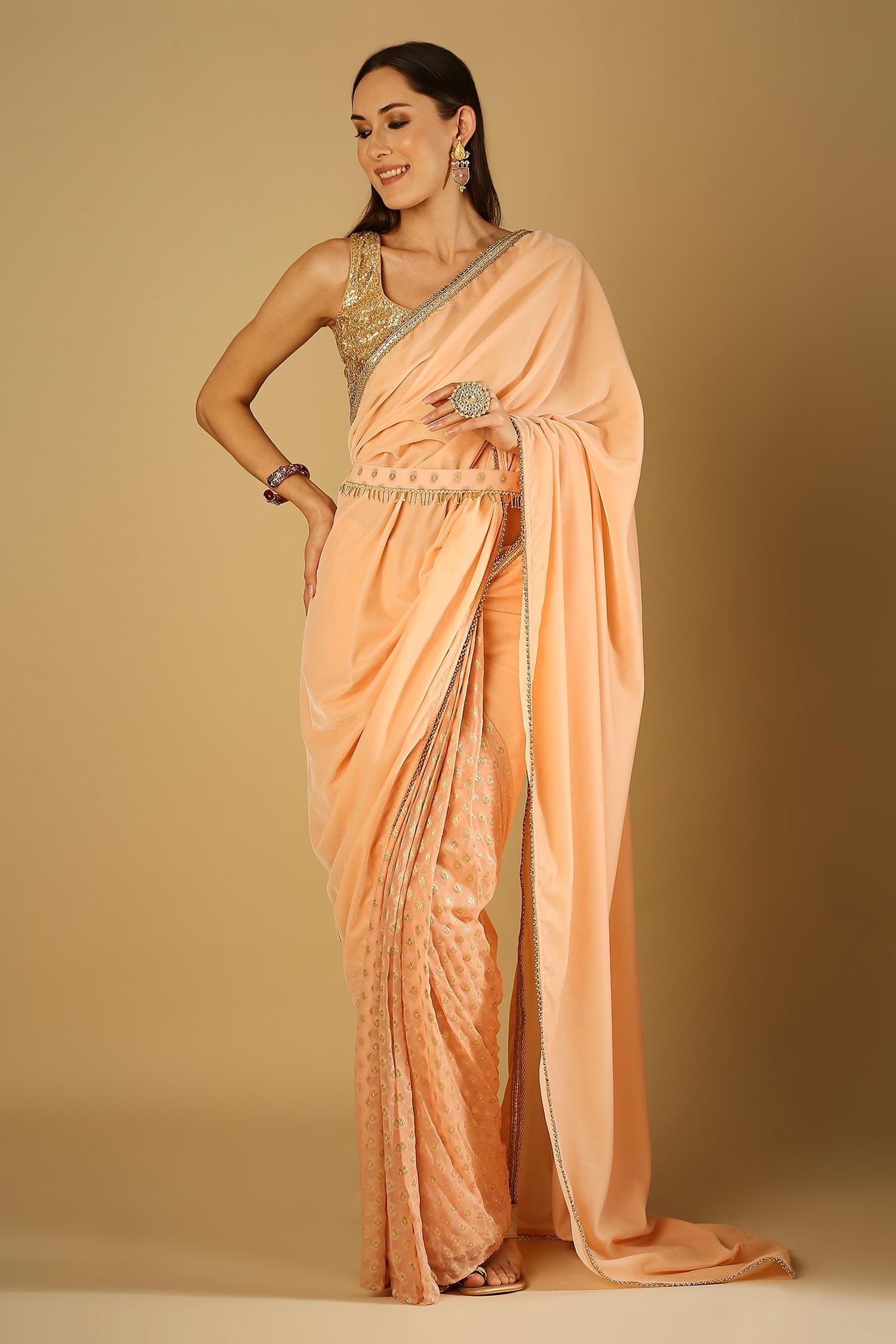 Buy Peach Velvet Embroidered Floral Pattern Sultana Saree And Sequinned