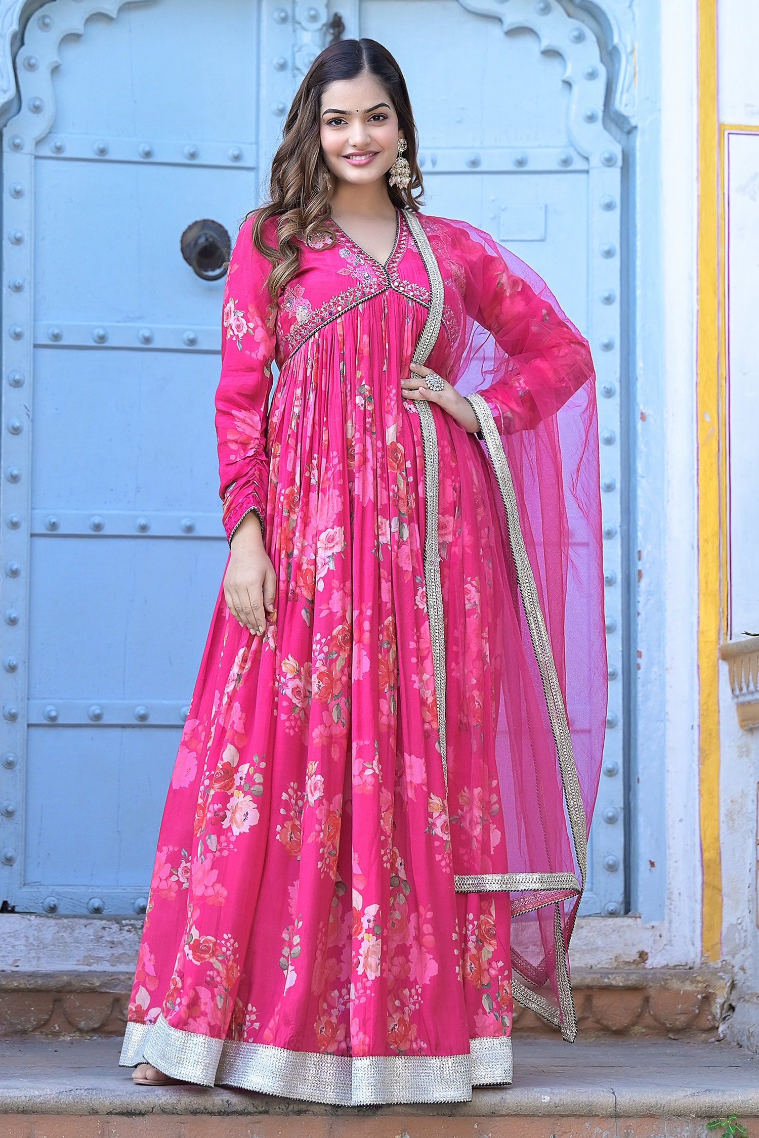 Buy Pink Muslin Printed And Embroidered Floral V Anarkali With Dupatta ...