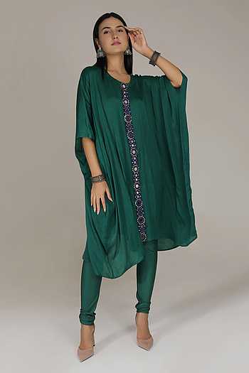 Women Green Printed Kaftan Kurta With Trousers Set