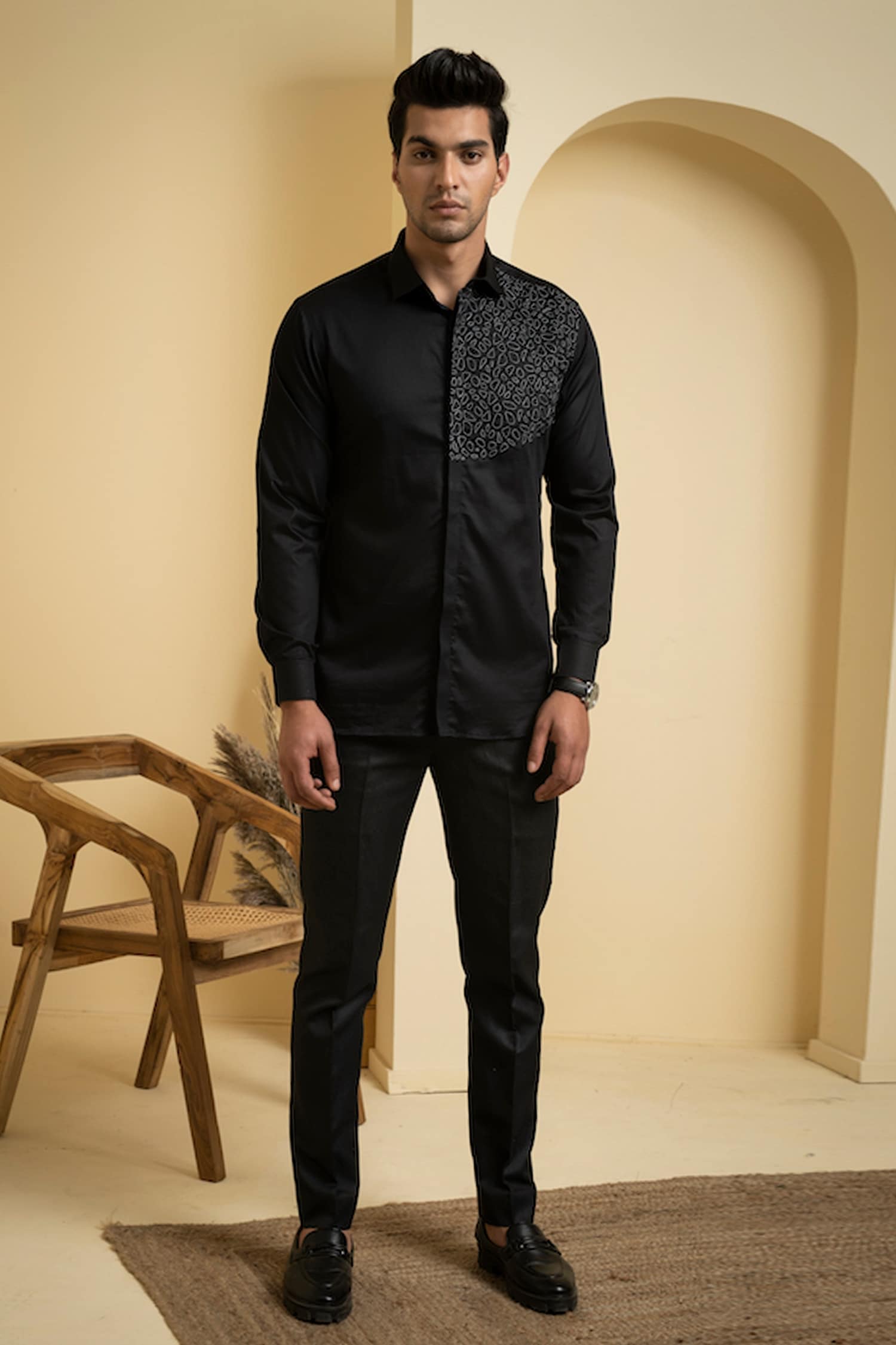 Buy Black Cotton Satin Embroidery Thread Distorted Shirt For Men by ...