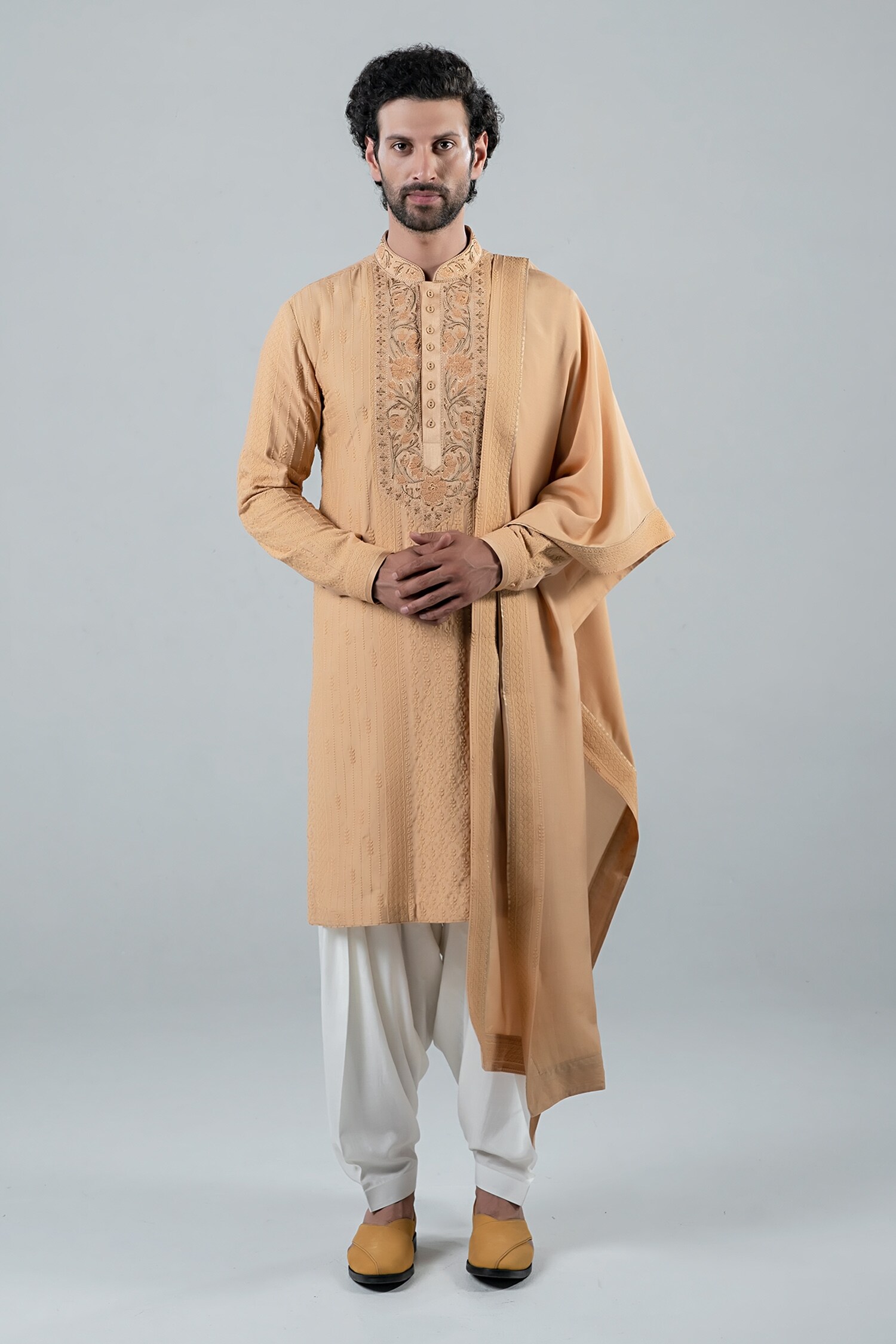 Buy Beige Modal Embroidery Floral Mandarin Collar Kurta Set For Men by