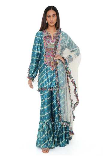 Teal Bandhani Dot Kurta Suit Set with Pearl Zardozi Neck & Ombre Leheriya Dupatta main image 0