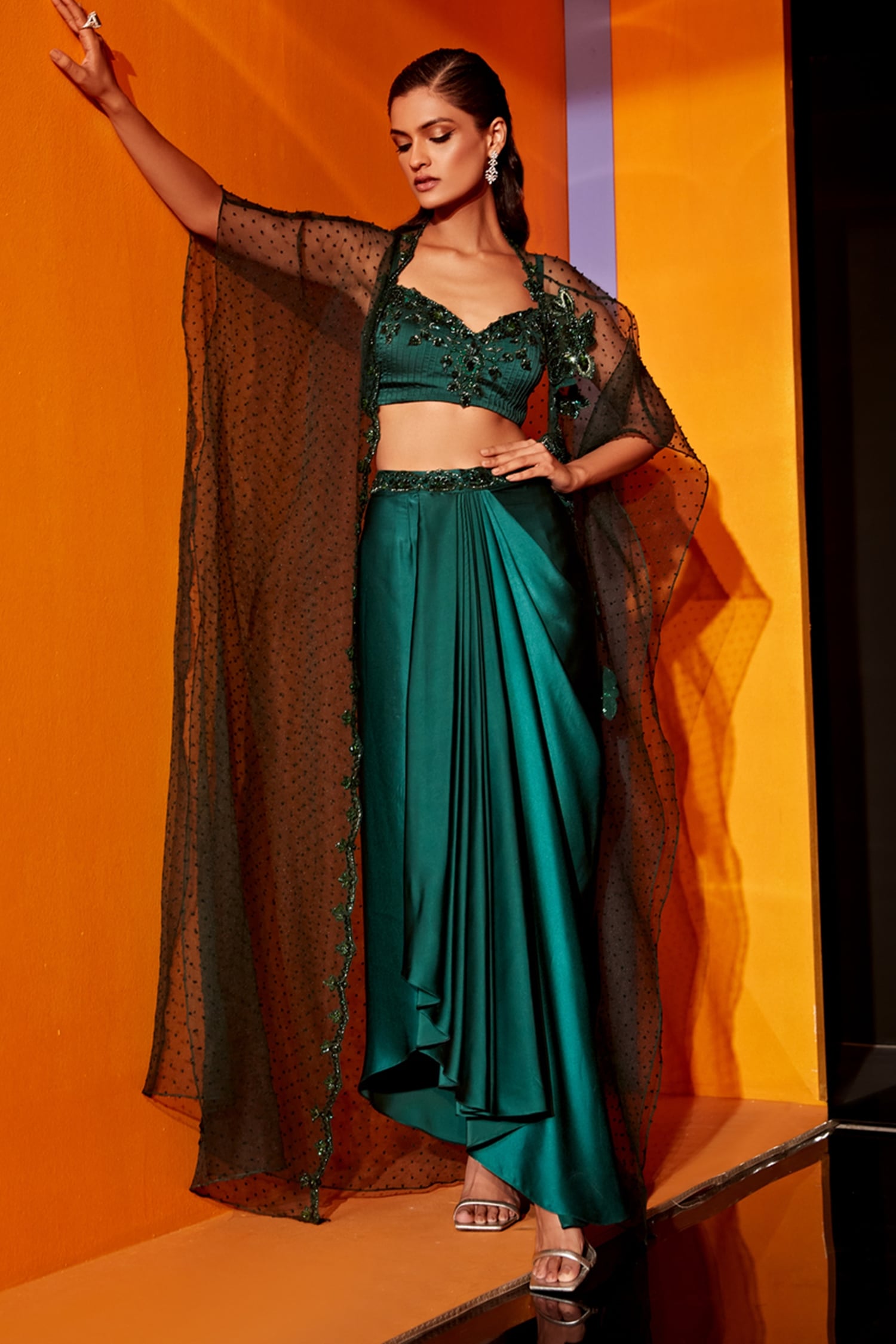 Roqa Emerald Green Blouse : Net Hand Embroidered Cape Jacket Dhoti Set For Women