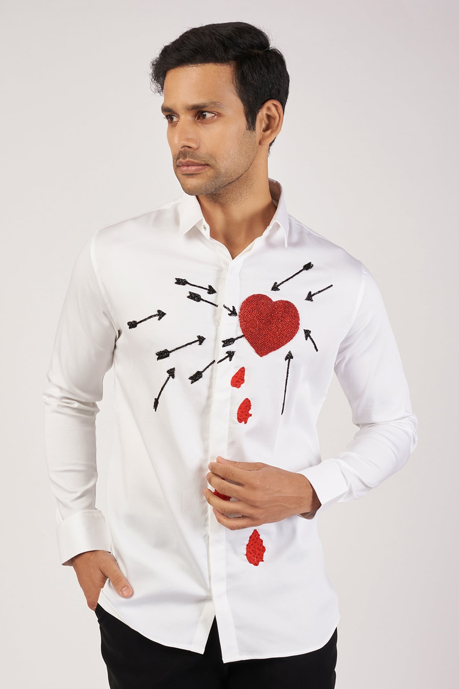 Buy White Stretchable Cotton Hand Embroidered Bleeding Heart And Arrows