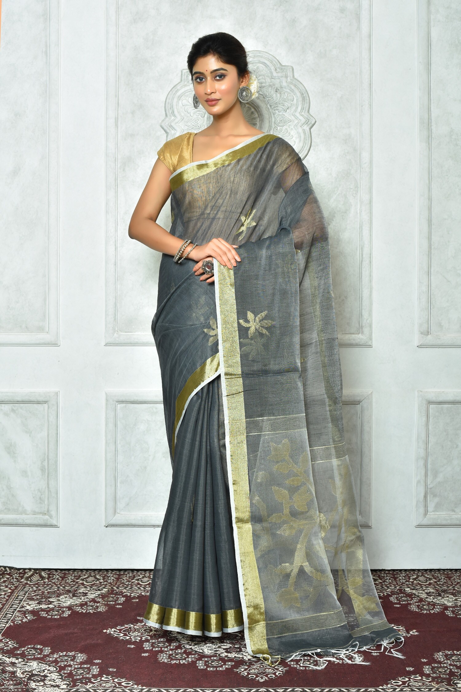 Buy Samyukta Singhania Grey Silk Cotton Floret Zari Work Pattern Saree ...