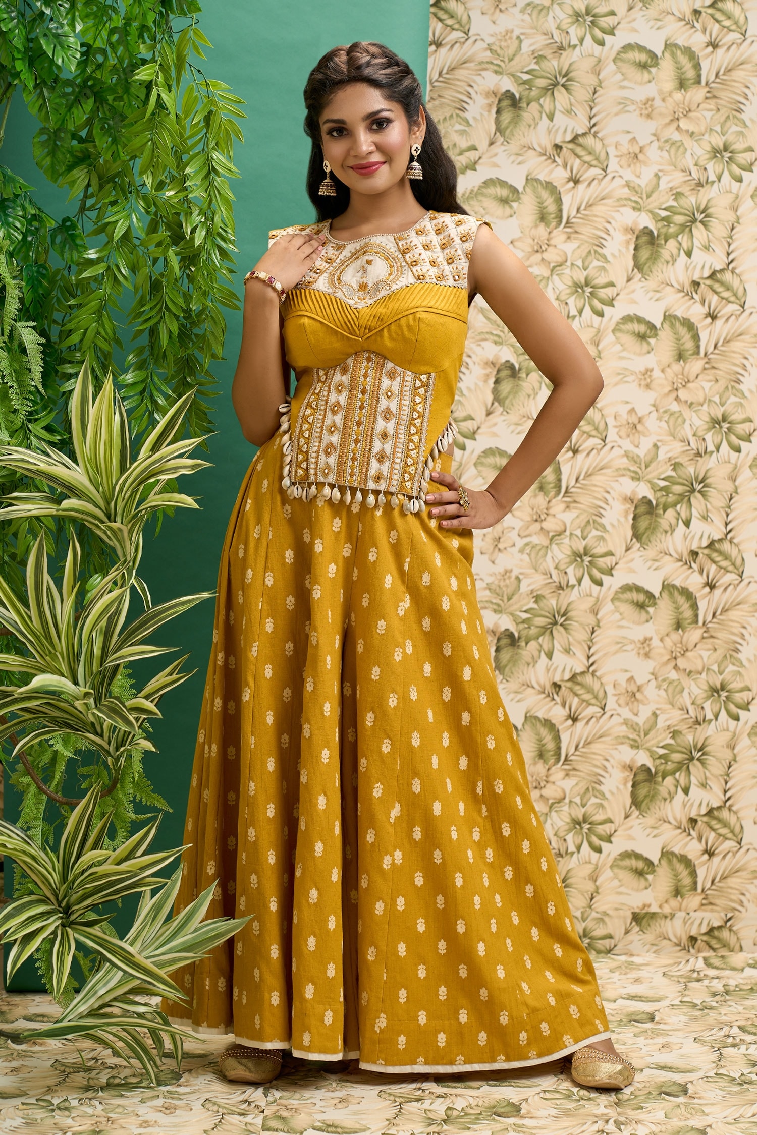 Buy Yellow Cotton Print And Embroidery Floral Mirror Work Top Wide   1 0982652001681997865 