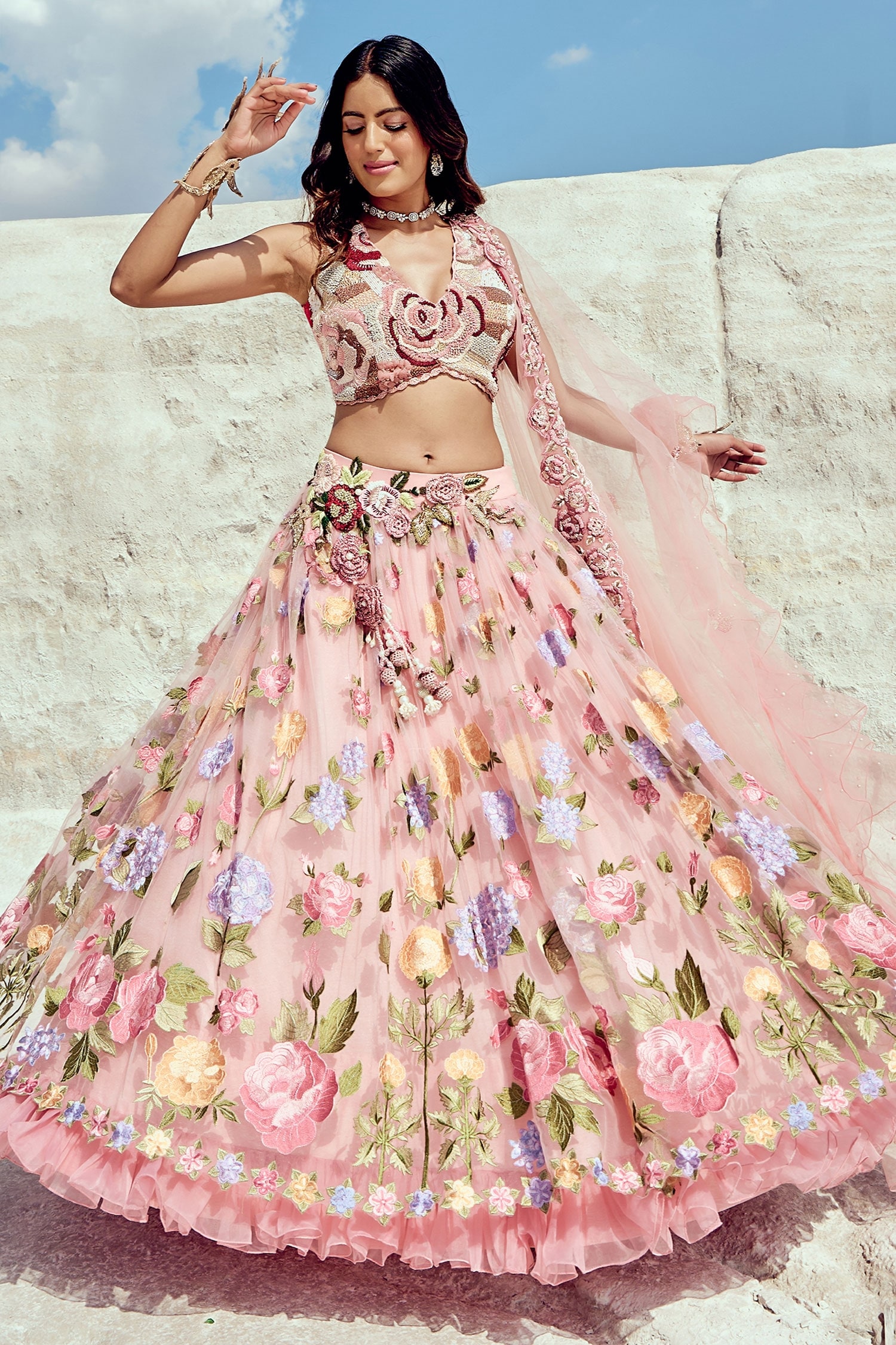 Buy Pink Jacquard Embroidery Flower V Neck Hand Bridal Lehenga Set For ...