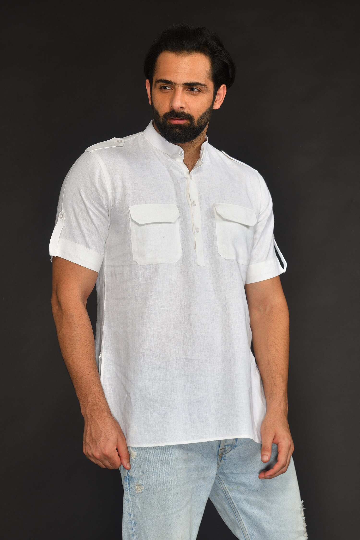 Buy White Linen Viscose Plain Band Collar Pathani For Men by SAMMOHAN ...