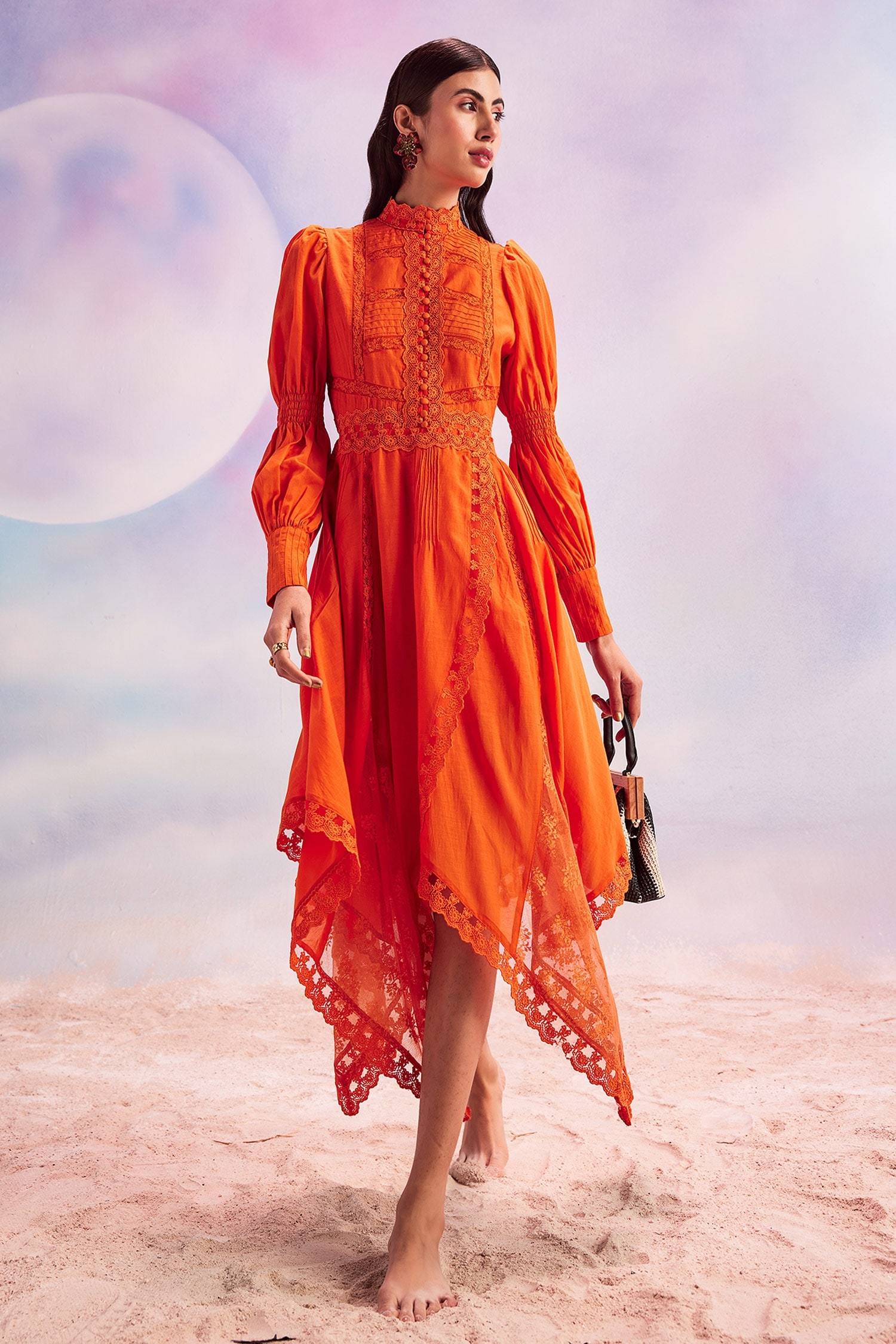 House of eda Orange Shell 80% Cotton 20% Silk Embroidery Scallop Sabrina Dress For Women