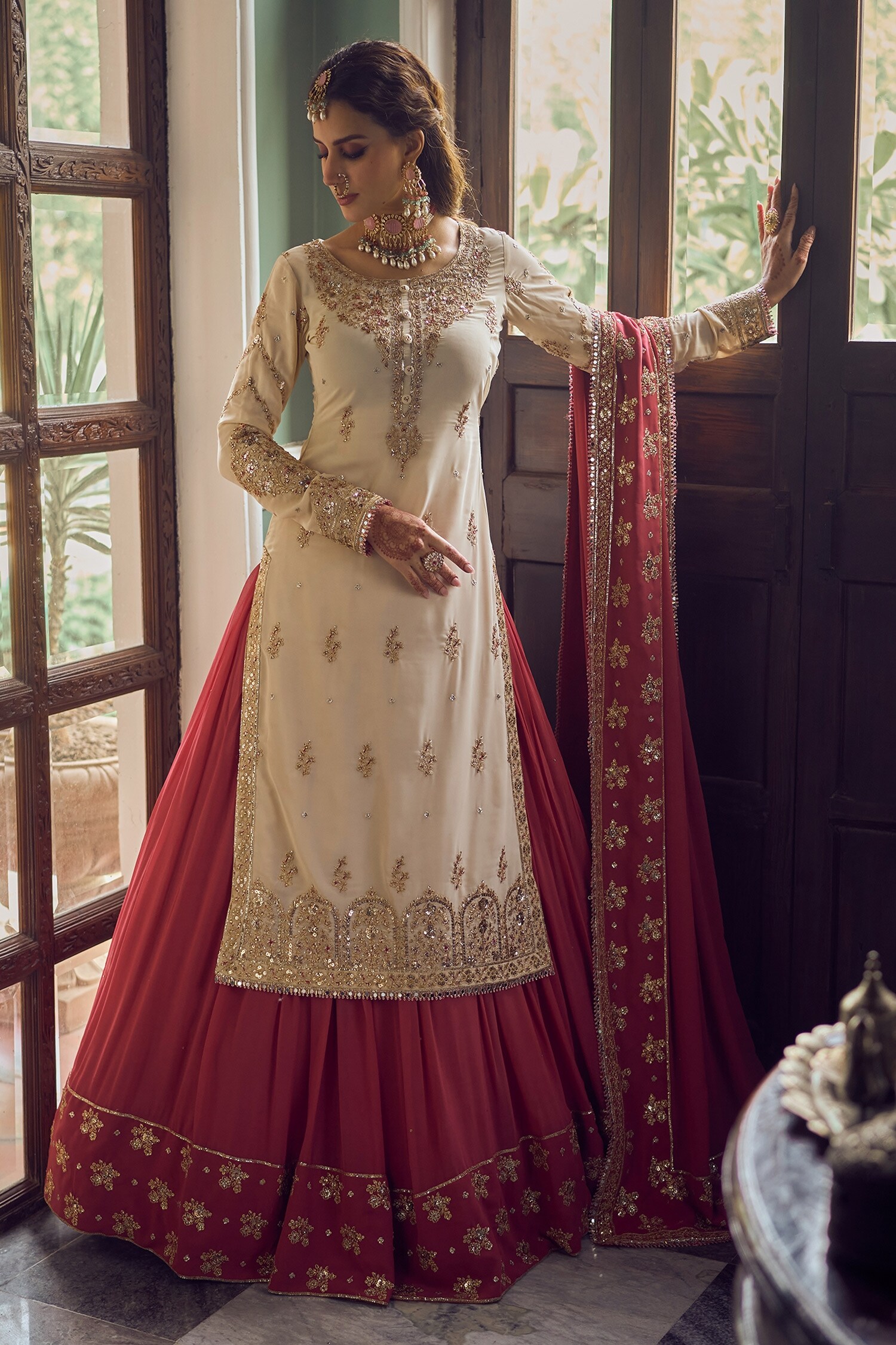 Buy White Embroidery Zari Round Neck Kurta Lehenga Set For