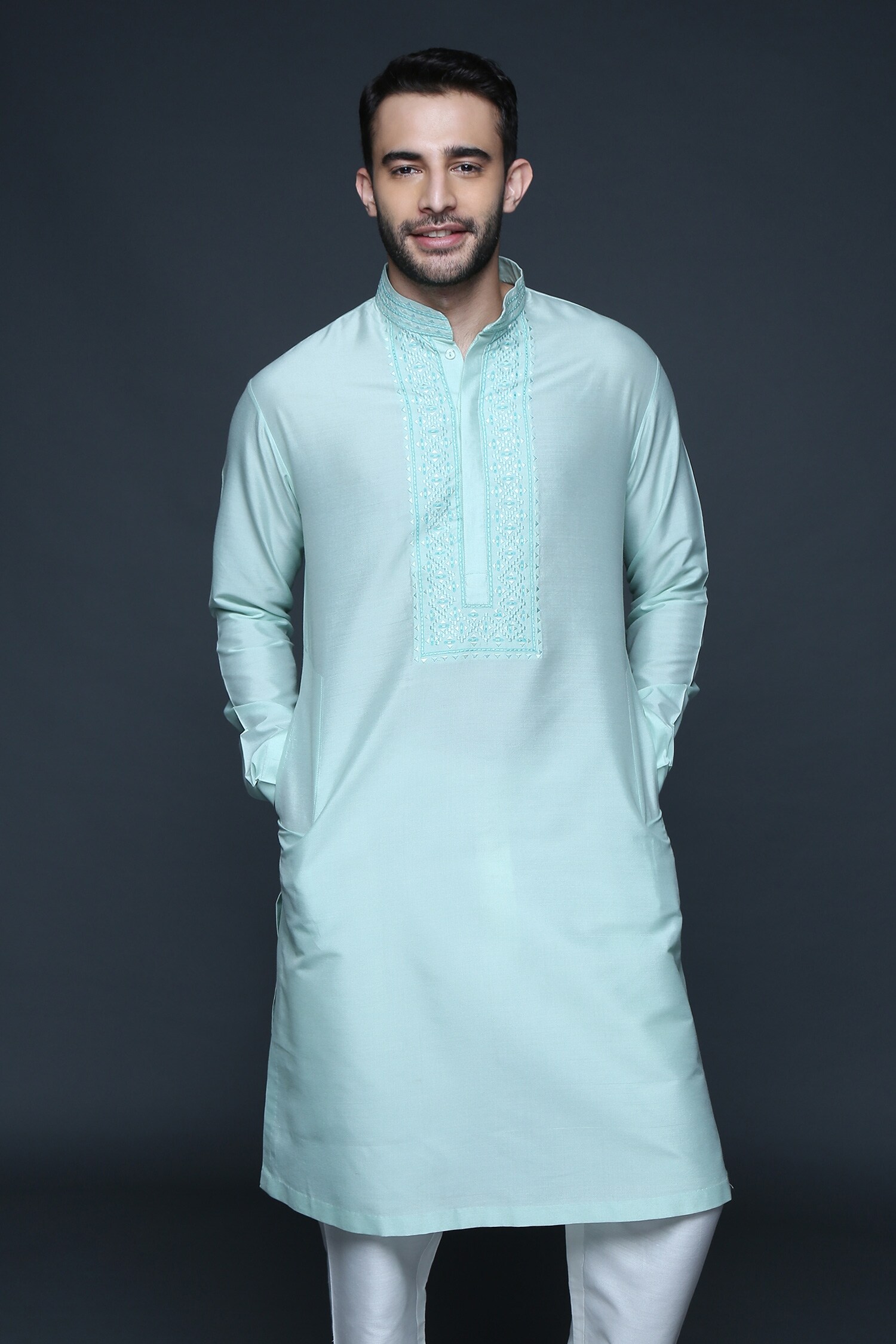 Buy Green Cotton Silk Embroidered Geometric Mandarin Collar Kurta Set