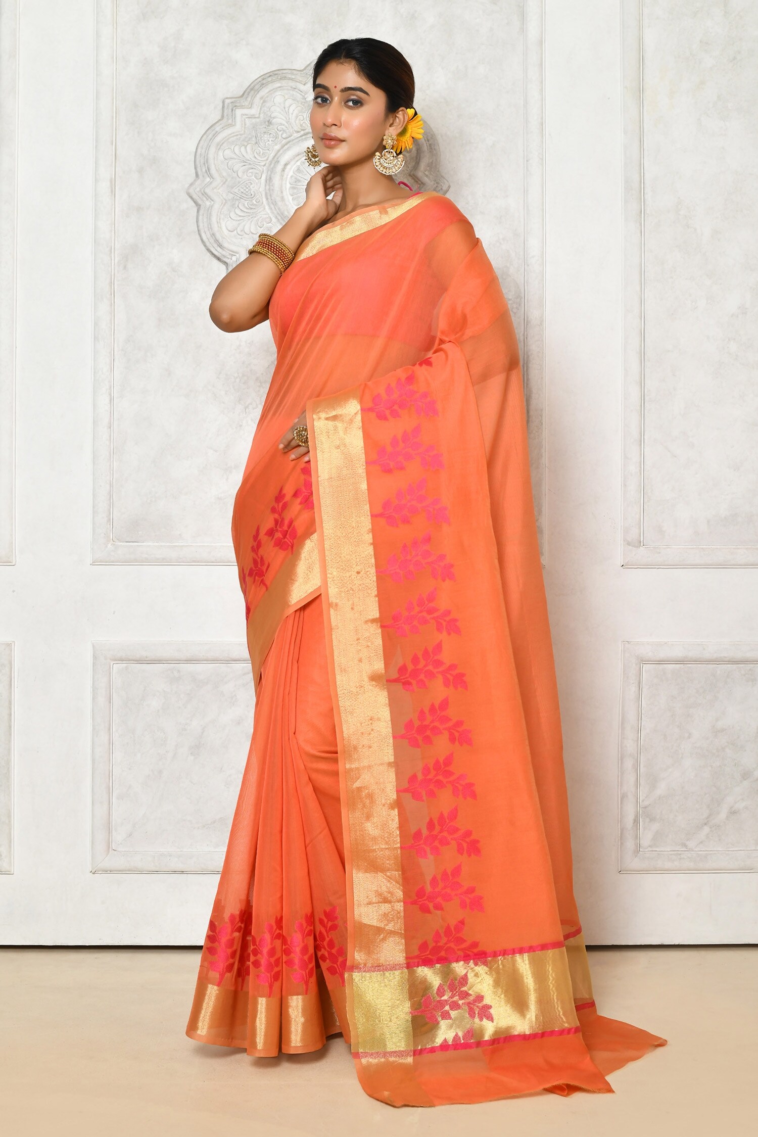 Buy Khwaab By Sanjana Lakhani Orange Banarasi Cotton Silk Leaflet Border Woven Saree Online 8987