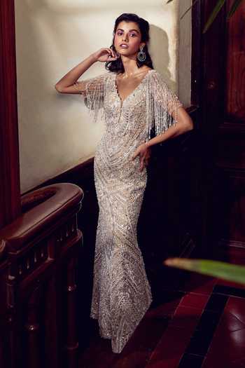 Buy Beige Tulle Pearls, Sequins V-neck Tia Embroidered Gown For Women by  Nadine Dhody Online at Aza Fashions.