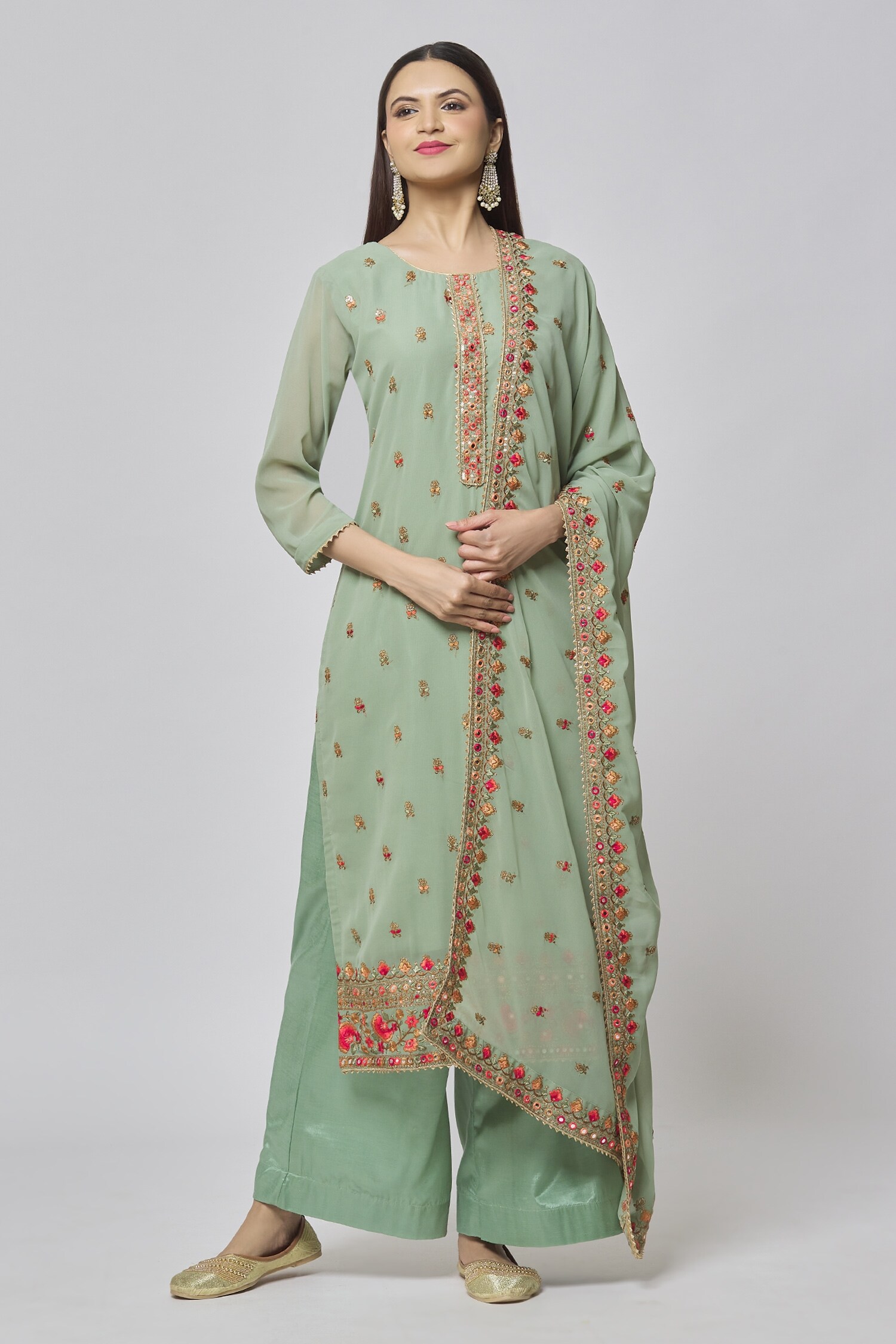 Buy Green Kurta: Georgette Embroidery Flower Round Butti Palazzo Set ...