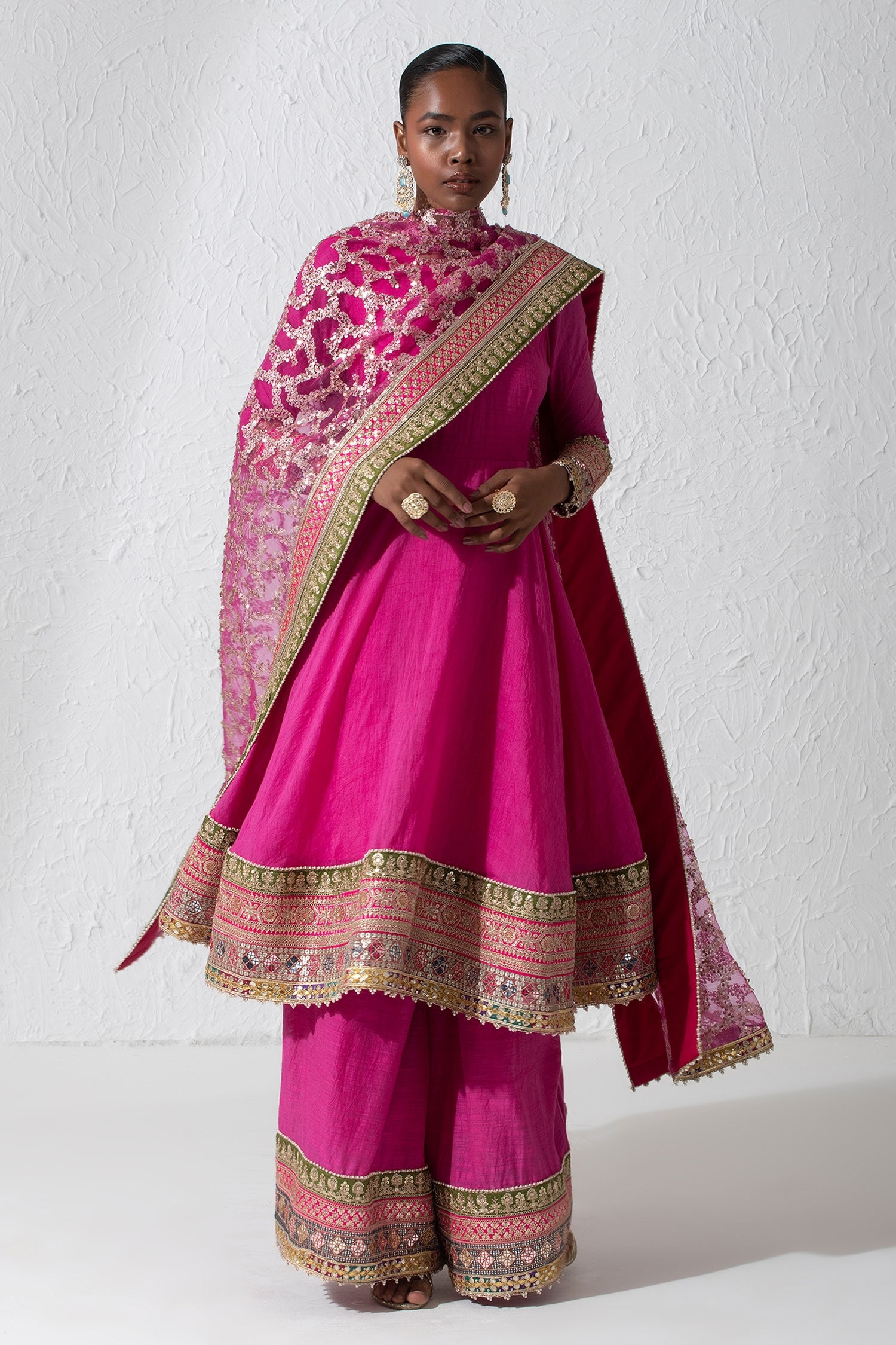 Rishi & Vibhuti Pink Silk And Net Embroidery Zardozi & Ellinor Hem Anarkali Palazzo Set For Women