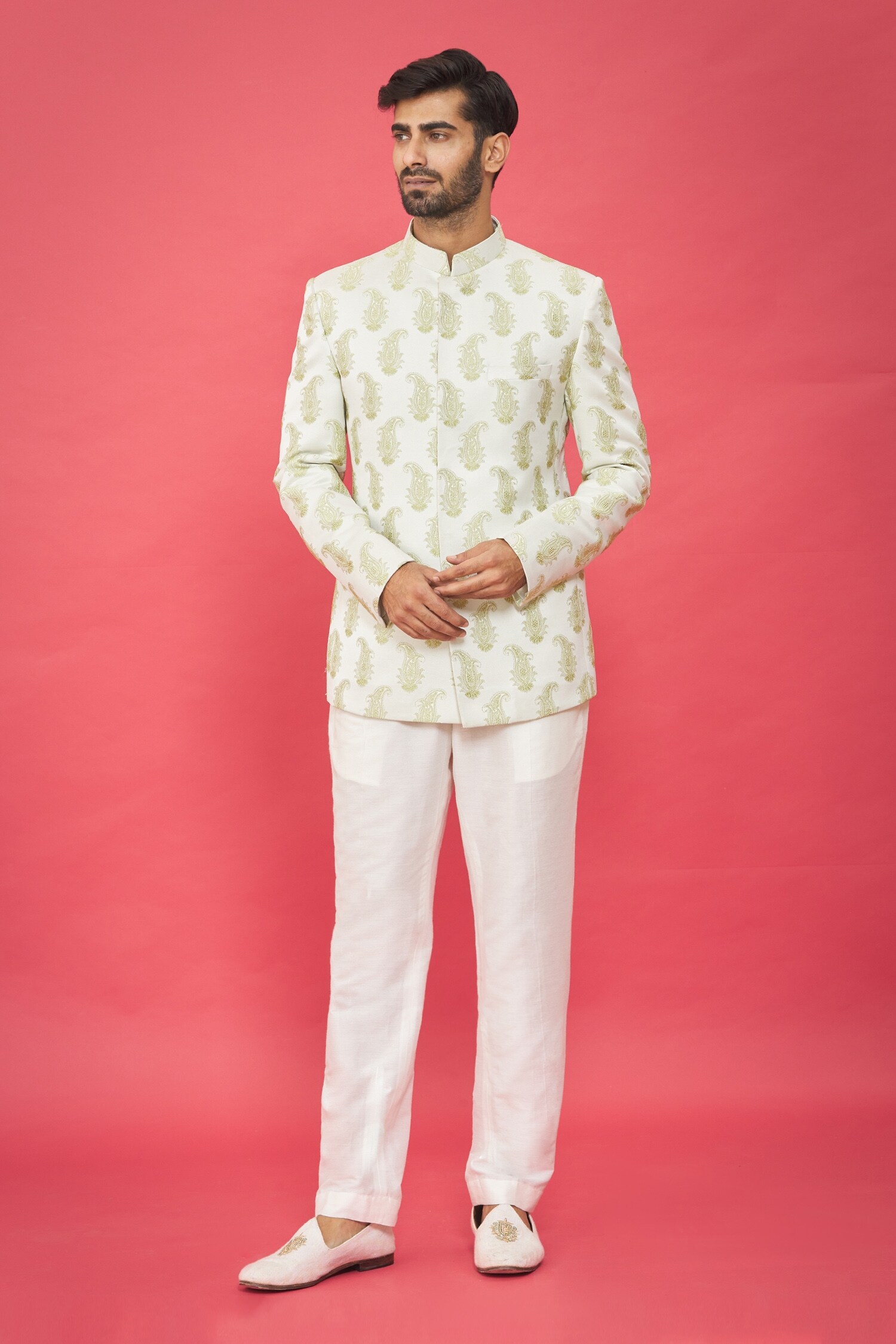 Buy Ivory Jacquard Peacock Motifs Jodhpuri Set For Men by Nero by ...